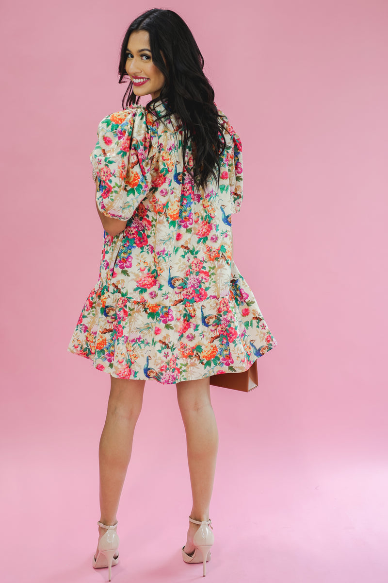 Total Peacock Floral Dress In Natural