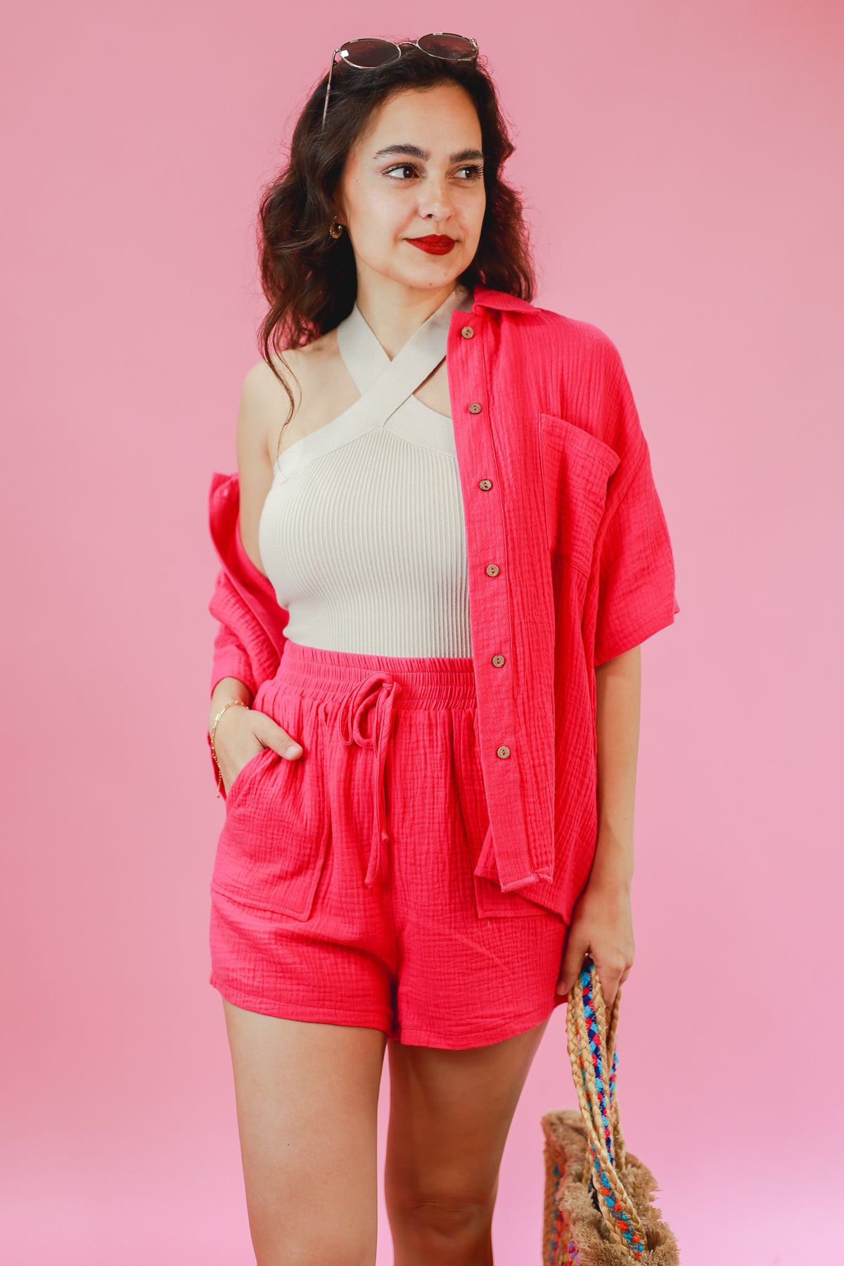 Summer Getaway Gauze Top In Fuchsia