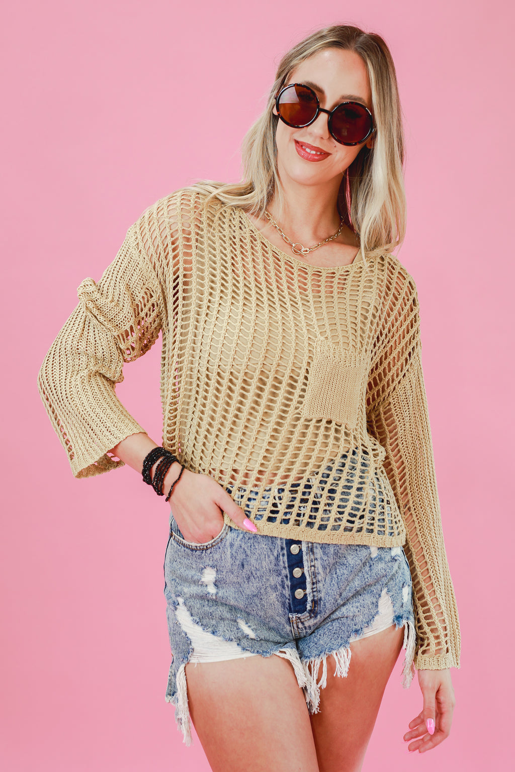 Island Hopping Crochet Sweater In Taupe