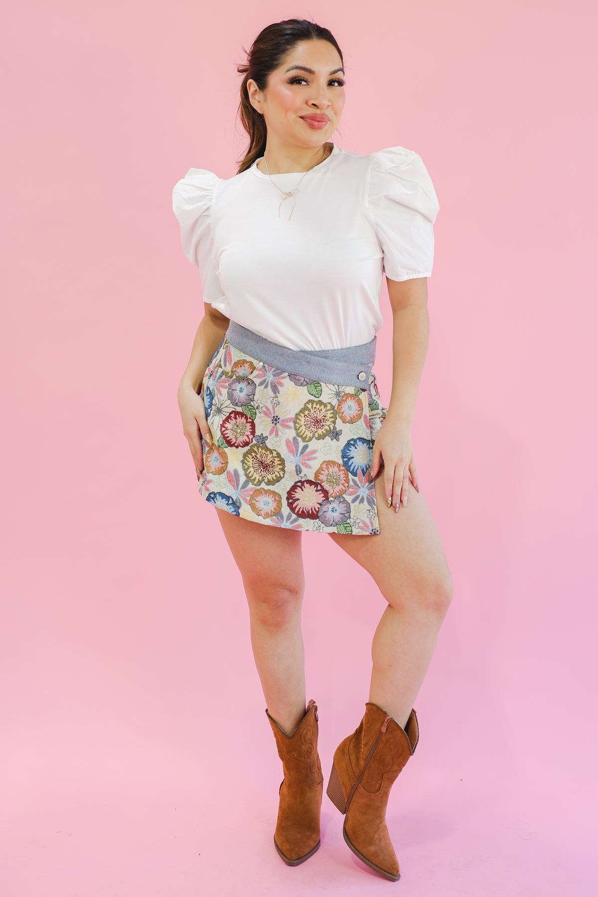 Flower Power Denim Skort - Taupe