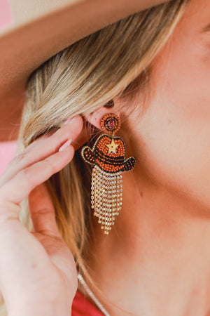 Cowboy Baby Rhinestone Hat Earrings in Brown