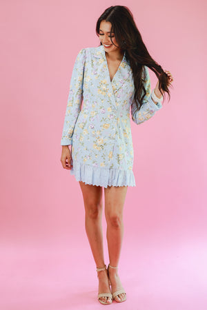 Adorable Moment Floral Blazer Dress In Sky