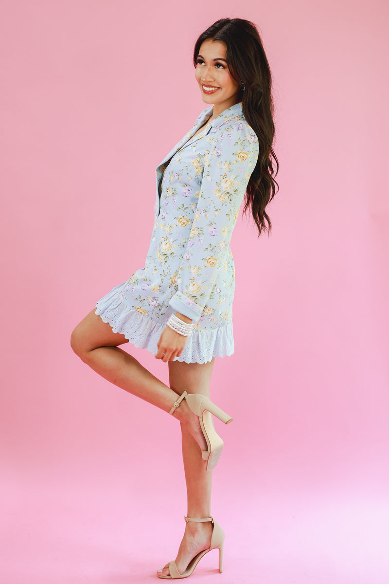 Adorable Moment Floral Blazer Dress In Sky