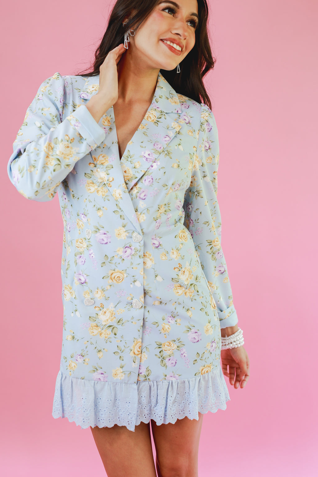 Adorable Moment Floral Blazer Dress In Sky