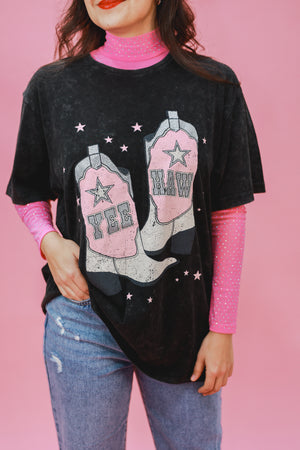 Yee Haw Glitter Boots Tee In Black