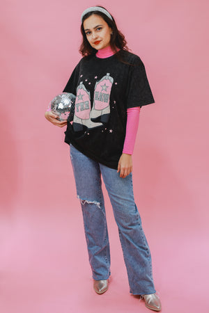 Yee Haw Glitter Boots Tee In Black