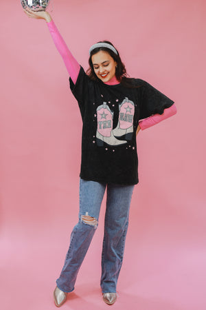 Yee Haw Glitter Boots Tee In Black