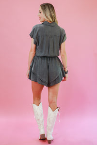 Traveling Gypsy Denim Romper In Black