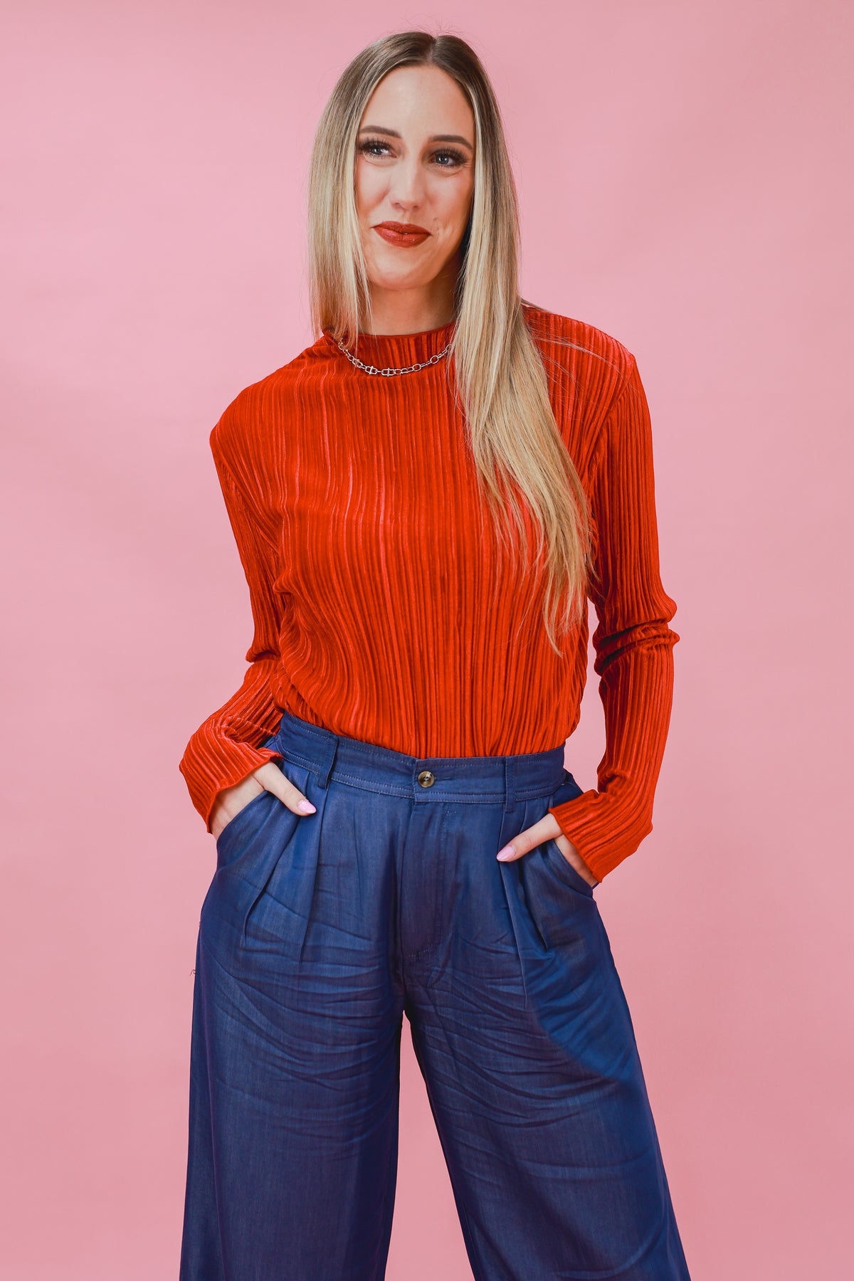 Better ME Pleated Velvet Top In Red