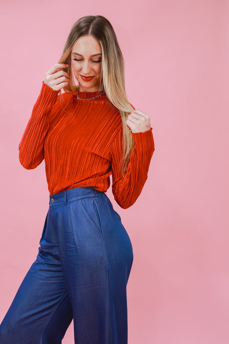 Better ME Pleated Velvet Top In Red