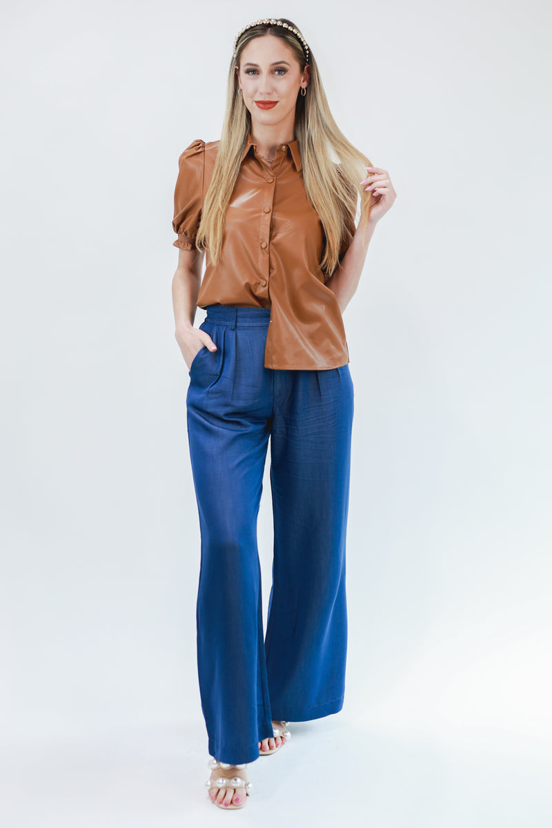 Fierce Move Faux Leather Top In Camel