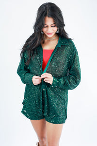 Sparkle Diva Sequin Button Down Top In Hunter