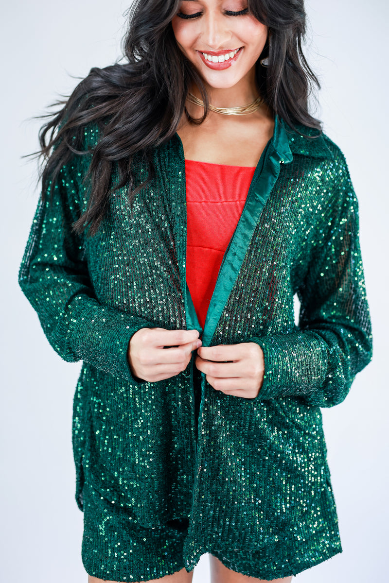 Sparkle Diva Sequin Button Down Top In Hunter