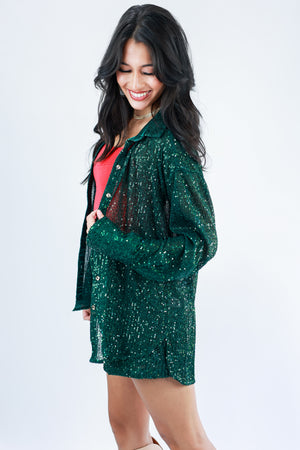 Sparkle Diva Sequin Button Down Top In Hunter