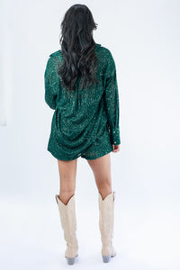 Sparkle Diva Sequin Button Down Top In Hunter