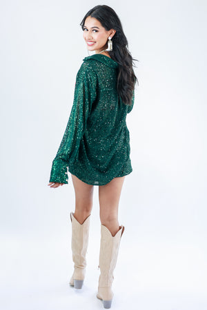 Sparkle Diva Sequin Button Down Top In Hunter