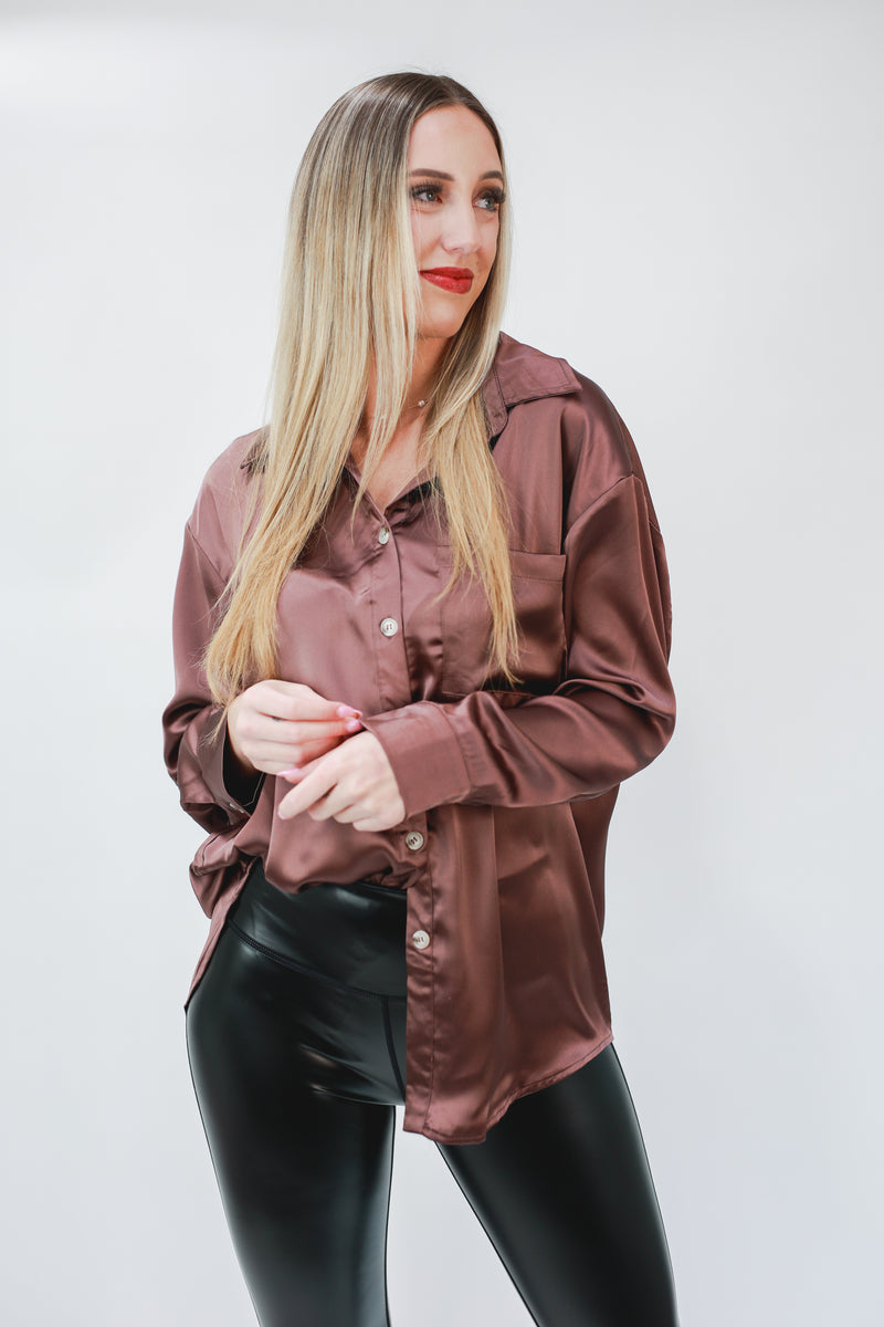 Boss Babe Satin Shirt In Mocha