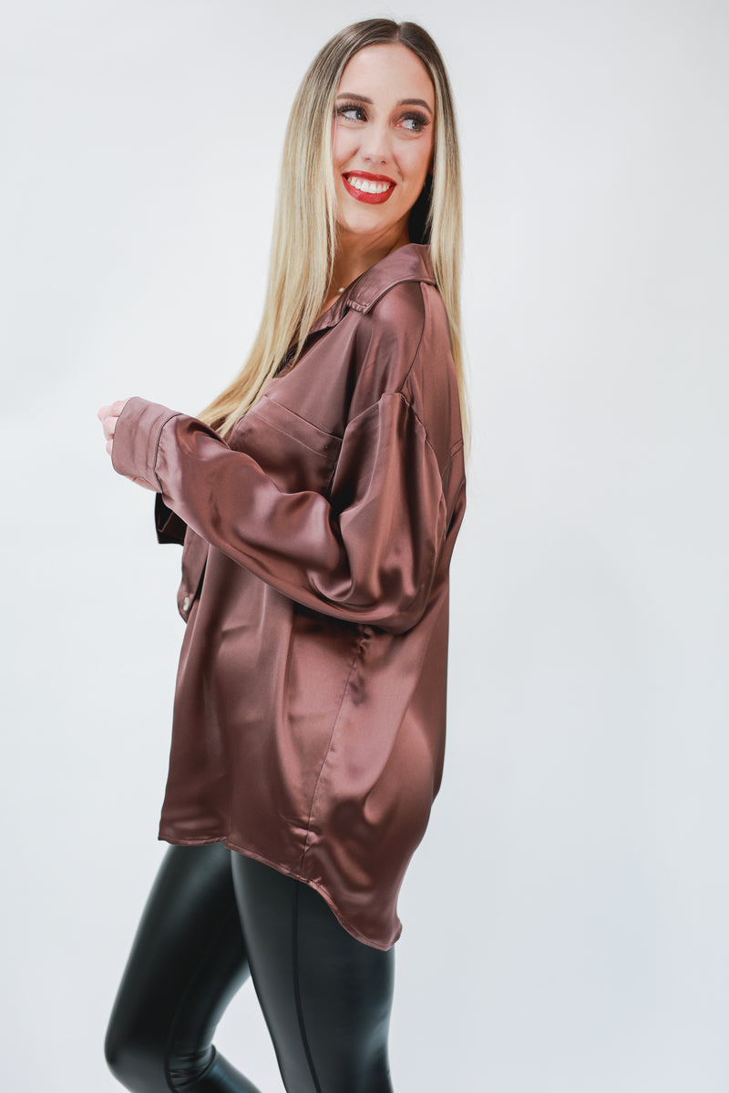 Boss Babe Satin Shirt In Mocha