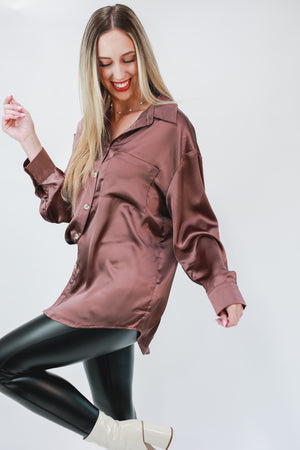 Boss Babe Satin Shirt In Mocha