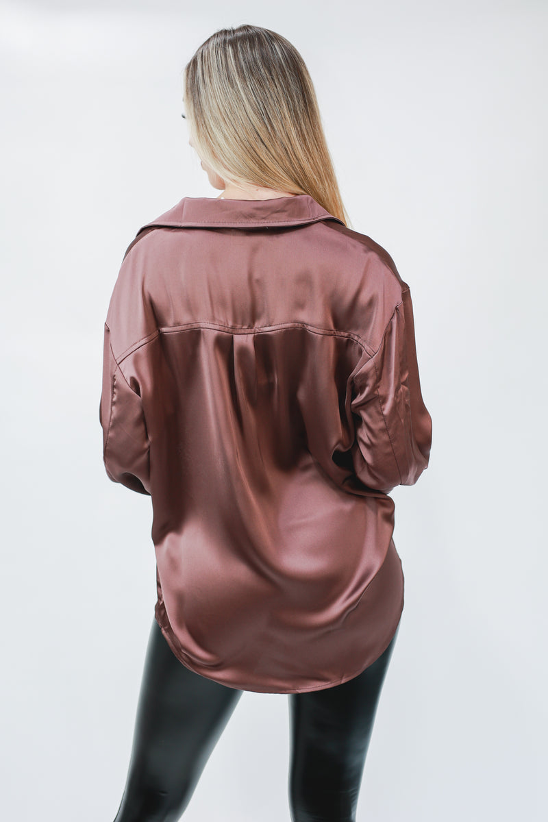 Boss Babe Satin Shirt In Mocha