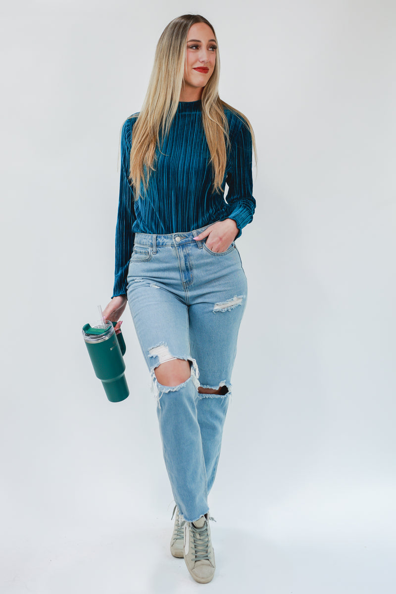 Better ME Pleated Velvet Top In Teal