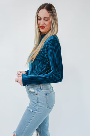 Better ME Pleated Velvet Top In Teal