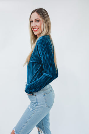 Better ME Pleated Velvet Top In Teal