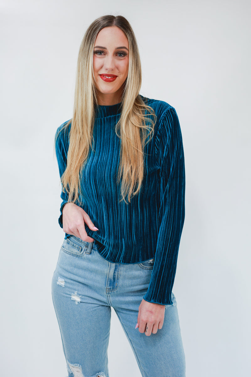 Better ME Pleated Velvet Top In Teal