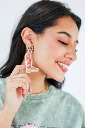 Dancing Heart Boot Earrings In Pink