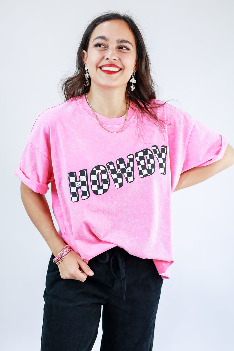 Howdy Checkered Tee In Pink