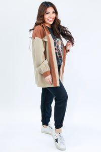 Fireside Weather Colorblock Shacket In Tan