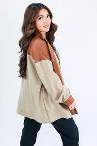 Fireside Weather Colorblock Shacket In Tan