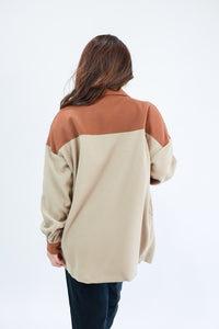 Fireside Weather Colorblock Shacket In Tan