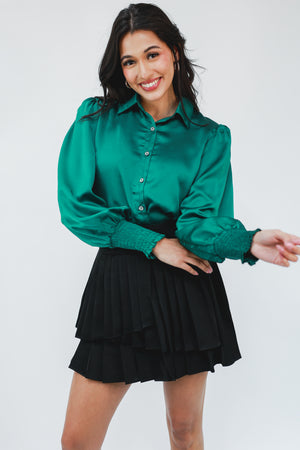 All The Glory Satin Shift Top In Hunter