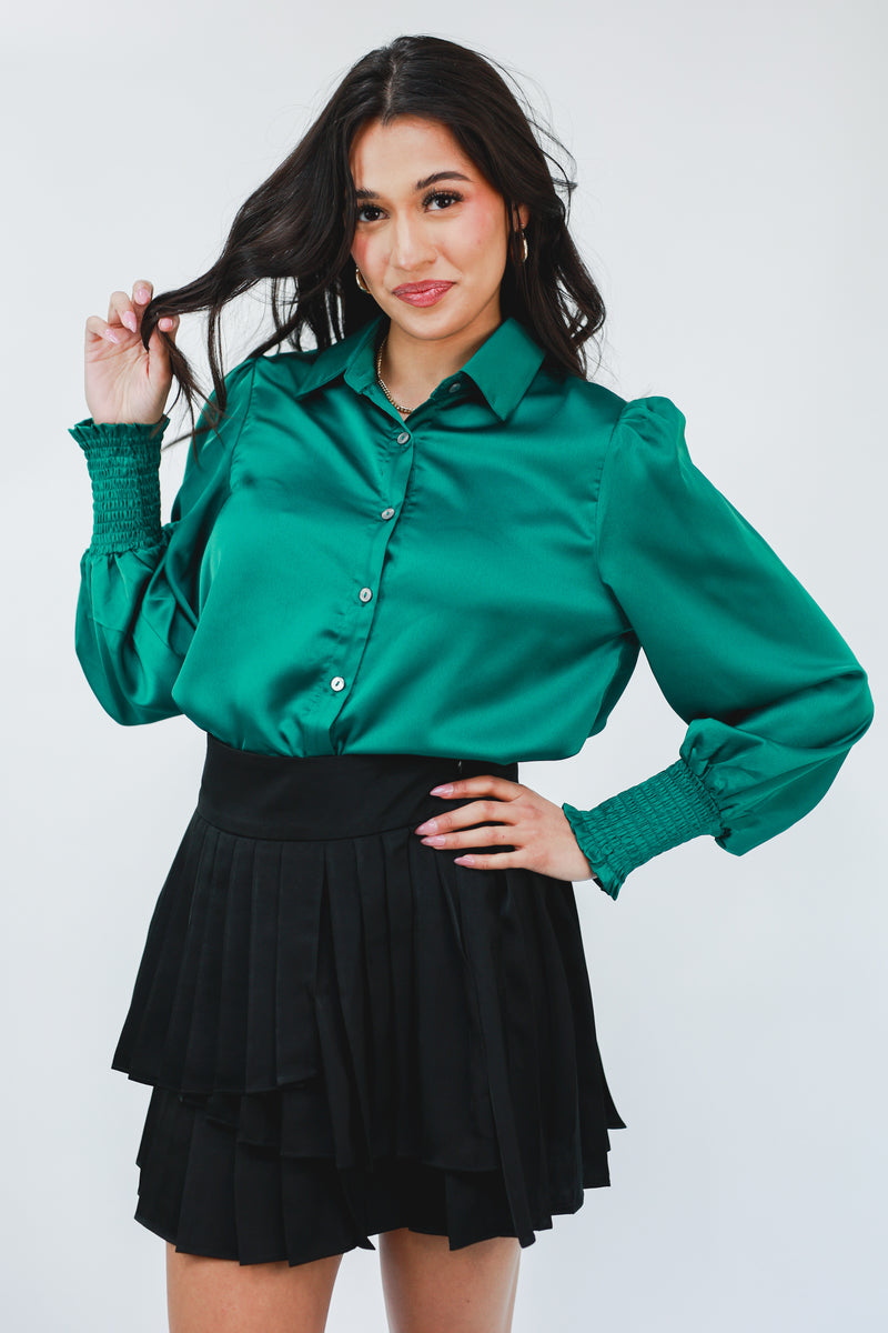 All The Glory Satin Shift Top In Hunter