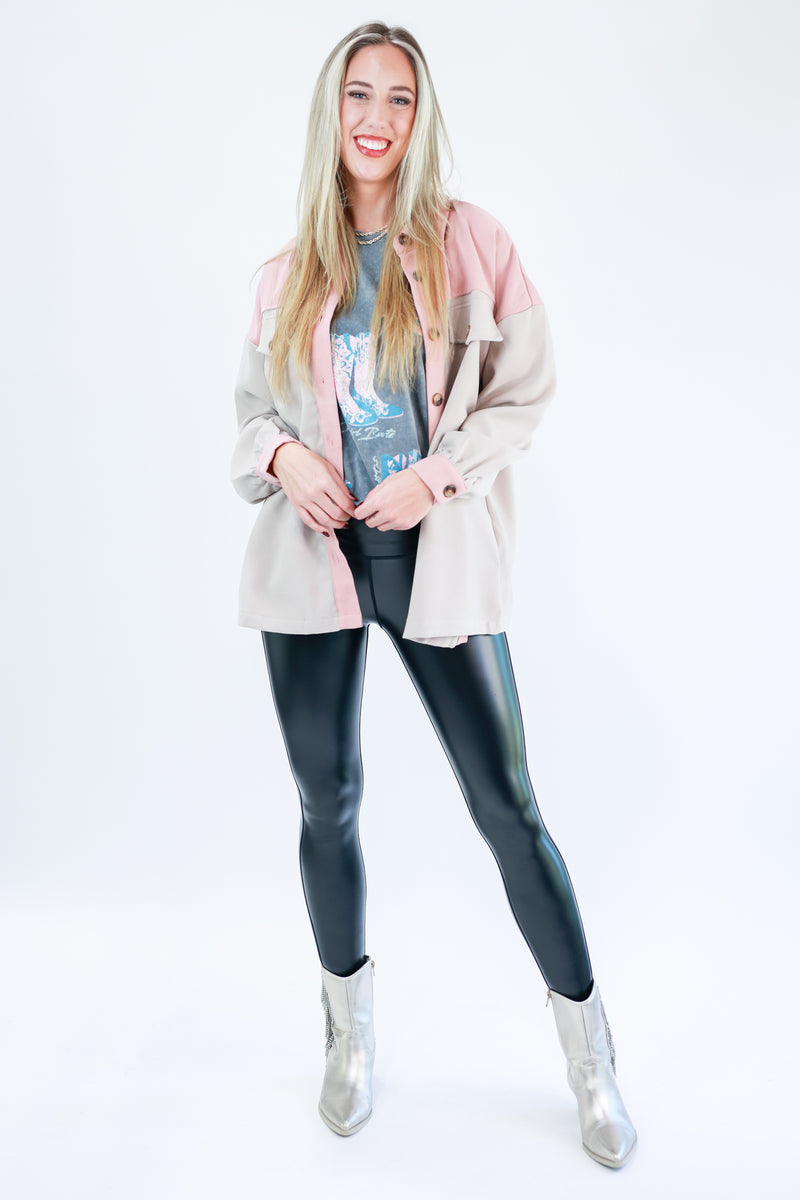 Fireside Weather Colorblock Shacket In Light Pink