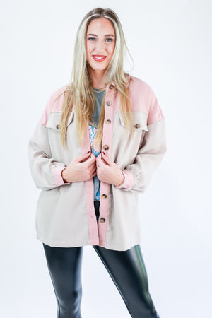 Fireside Weather Colorblock Shacket In Light Pink