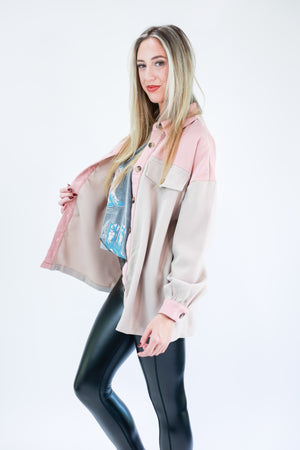 Fireside Weather Colorblock Shacket In Light Pink