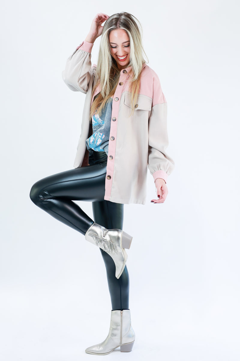 Fireside Weather Colorblock Shacket In Light Pink