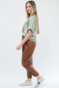 Joyful Days Faux Leather Jogger In Camel