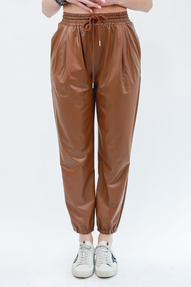 Joyful Days Faux Leather Jogger In Camel