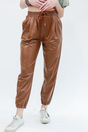 Joyful Days Faux Leather Jogger In Camel