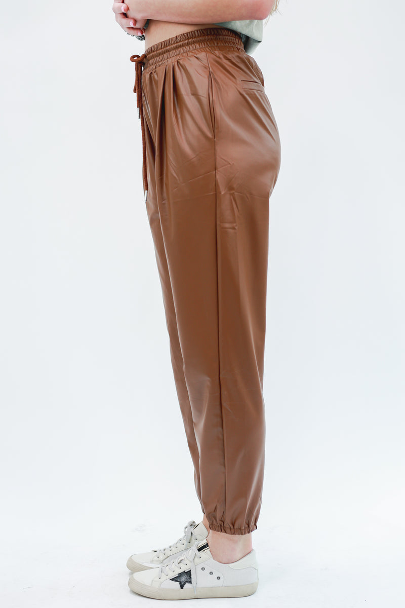 Joyful Days Faux Leather Jogger In Camel