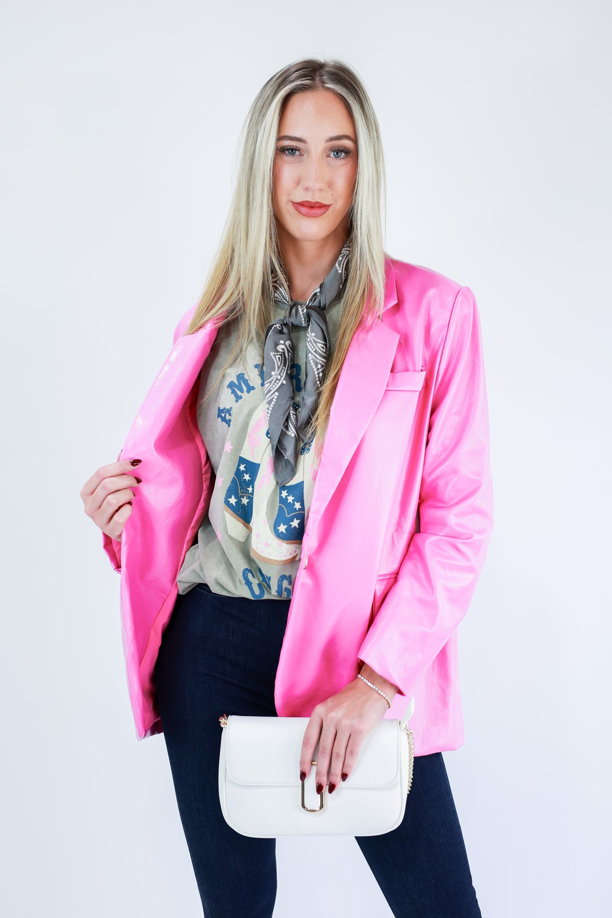 Bossy Beauty Faux Leather Blazer In Pink