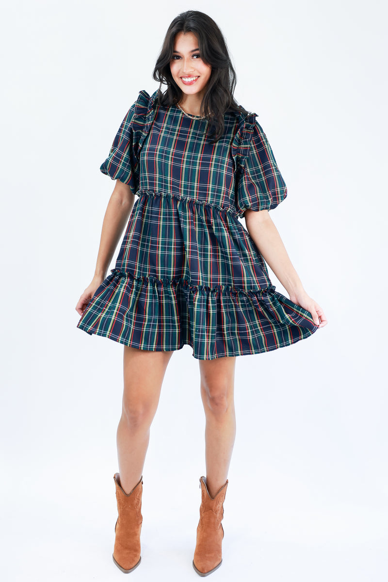 Girly Holidays Plaid Dress In Navy