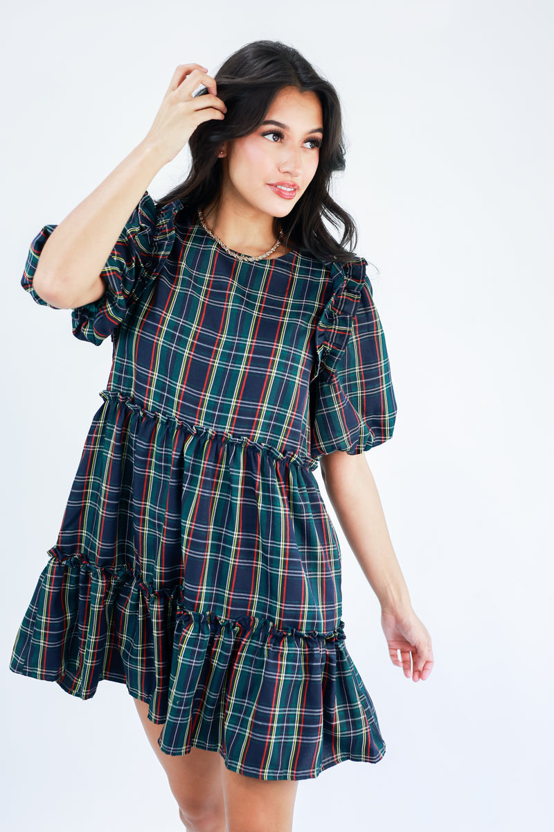 Girly Holidays Plaid Dress In Navy