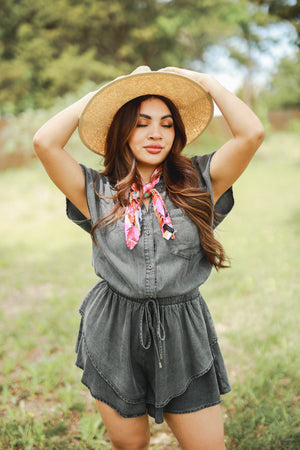 Traveling Gypsy Denim Romper In Black