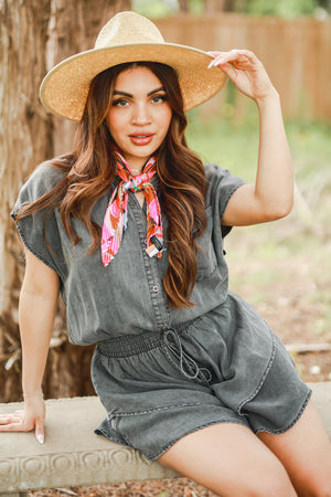 Traveling Gypsy Denim Romper In Black