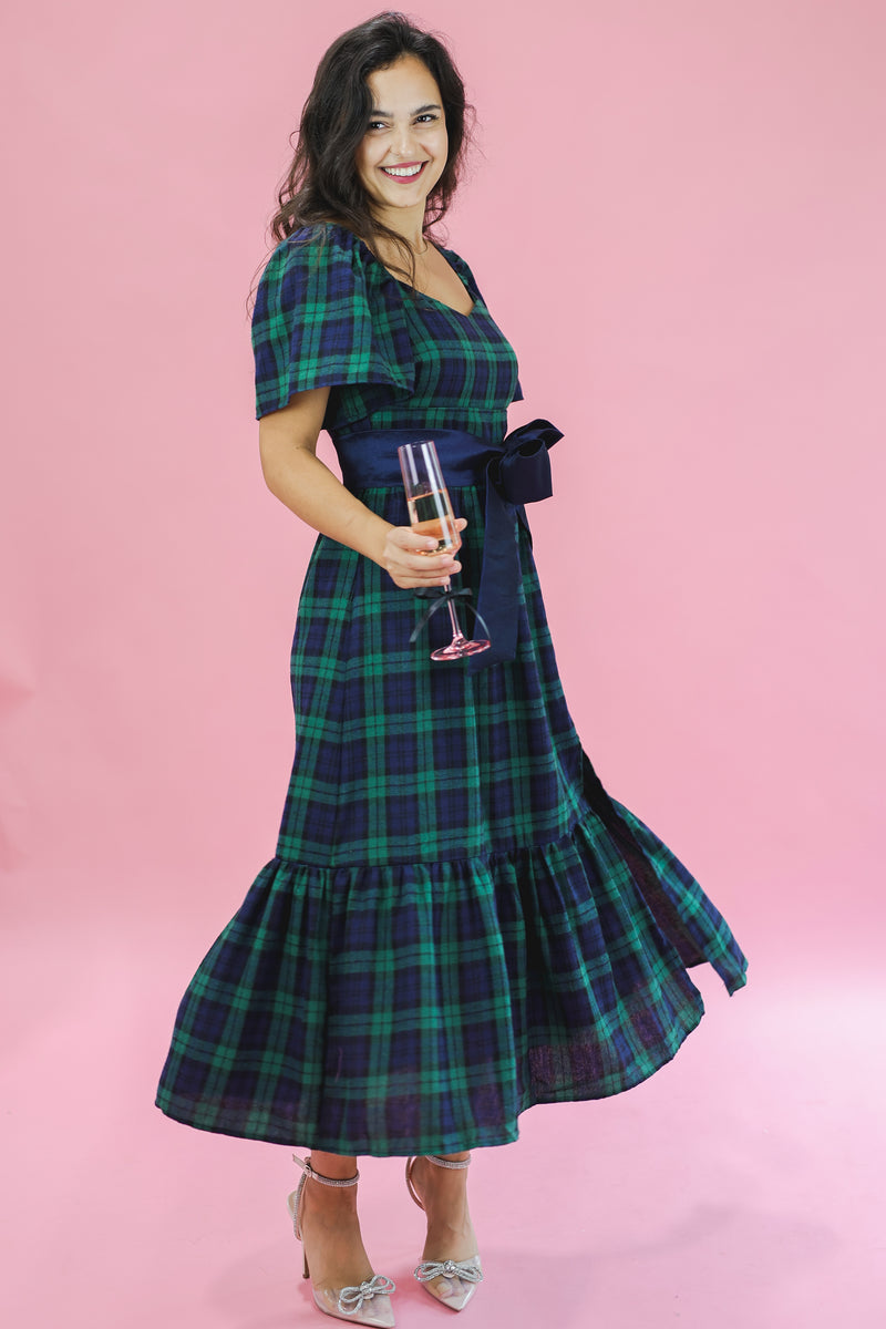 Home For The Holidays Tartan Midi Dress In Navy