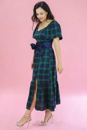 Home For The Holidays Tartan Midi Dress In Navy